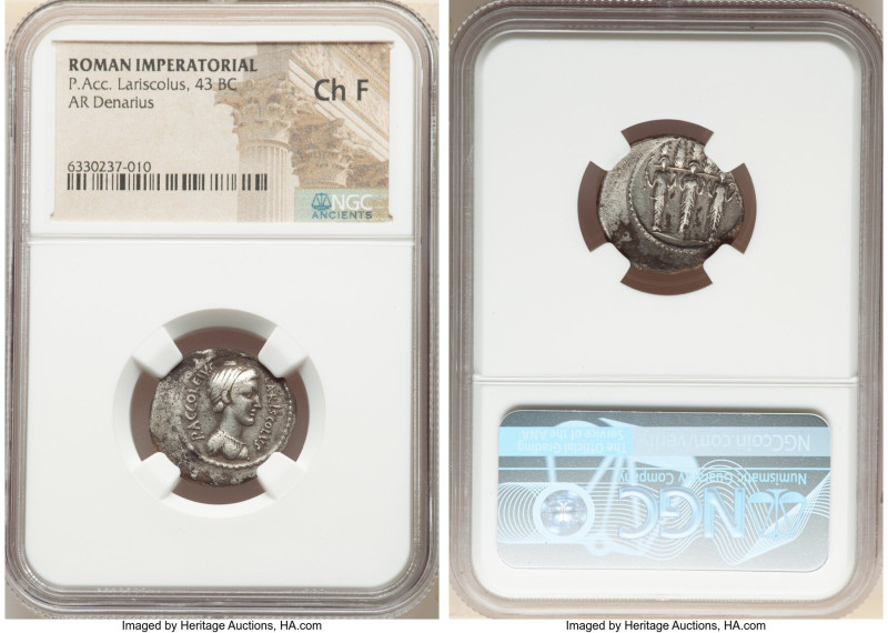 P. Accoleius Lariscolus (43 BC). AR denarius (20mm, 7h). NGC Choice Fine. Rome. ...