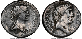 Cleopatra VII of Egypt and Marc Antony, as Rulers of the East (37-30 BC). AR denarius (17mm, 3.53 gm, 12h). NGC VF 4/5 - 2/5, bankers mark, scuff. Ale...