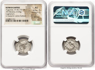 Augustus (27 BC-AD 14). AR denarius (19mm, 3.65 gm, 10h). NGC AU 4/5 - 2/5, brushed. Lugdunum, 2 BC-AD 4. CAESAR AVGVSTVS-DIVI F PATER PATRIAE, laurea...