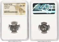 Augustus (27 BC-AD 14). AR denarius (18mm, 10h). NGC Choice VF, marks. Lugdunum, 2 BC-AD 4. CAESAR AVGVSTVS-DIVI F PATER PATRIAE, laureate head of Aug...