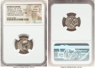 Tiberius (AD 14-37). AR denarius (18mm, 3.59 gm, 7h). NGC Choice Fine 3/5 - 3/5. Lugdunum, ca. AD 15-18. TI CAESAR DIVI-AVG F AVGVSTVS, laureate head ...