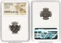 Tiberius (AD 14-37). AR denarius (18mm, 6h). NGC Choice Fine, edge bump. Lugdunum, ca. AD 15-18. TI CAESAR DIVI-AVG F AVGVSTVS, laureate head of Tiber...