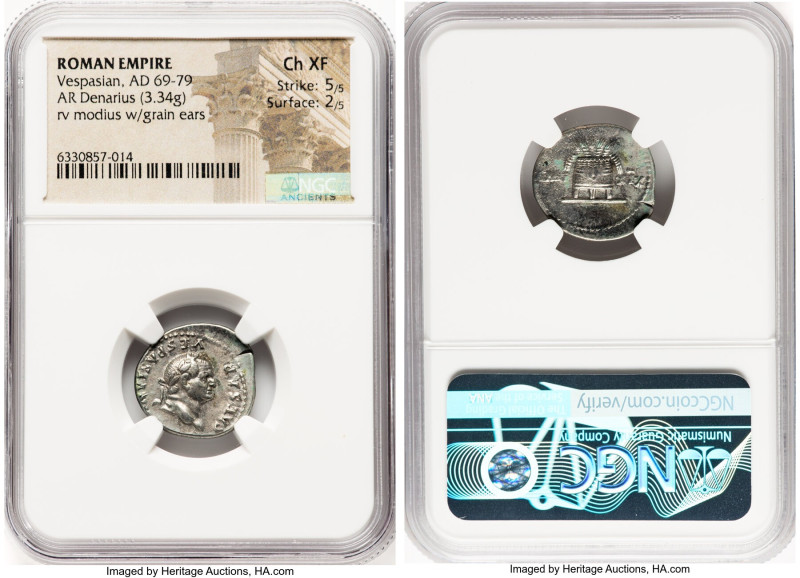Vespasian (AD 69-79). AR denarius (18mm, 3.34 gm, 6h). NGC Choice XF 5/5 - 2/5. ...