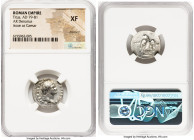 Titus, as Caesar (AD 79-81). AR denarius (19mm, 6h). NGC XF, brushed. Rome, AD 76. T CAESAR IMP VESPASIAN, laureate head of Titus right / COS-V, eagle...
