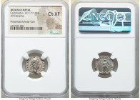 Commodus (AD 177-192). AR denarius (17mm, 12h). NGC Choice XF. Rome, AD 185. M COMM ANT P FEL AVG BRIT, laureate head of Commodus right / LIB AVG VI P...