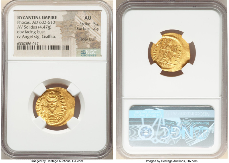 Phocas (AD 602-610). AV solidus (21mm, 4.47 gm, 7h). NGC AU 5/5 - 2/5, edge scuf...