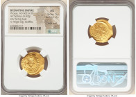Phocas (AD 602-610). AV solidus (21mm, 4.47 gm, 7h). NGC AU 5/5 - 2/5, edge scuff, graffito. Constantinople, 10th officina, AD 607-609. d N FOCAS-PЄRP...