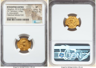 Heraclius (AD 610-641). AV tremissis (18mm, 1.42 gm, 6h). NGC XF 3/5 - 4/5. Constantinople, 6th officina, AD 610-613. d N hЄRACI-ЧS PP AV, pearl-diade...