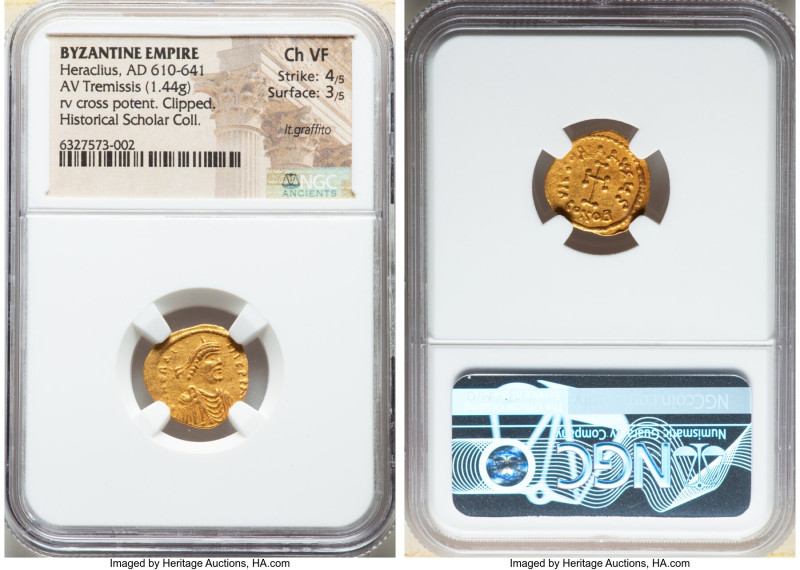 Heraclius (AD 610-641). AV tremissis (16mm, 1.44 gm, 7h). NGC Choice VF 4/5 - 3/...