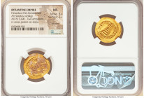 Heraclius (AD 610-641), with Heraclius Constantine. AV solidus (22mm, 4.54 gm, 7h). NGC MS 5/5 - 2/5, brushed. Jerusalem, 1st officina, ca. AD 613-618...