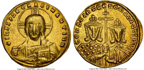 Constantine VII Porphyrogenitus and Romanus II (AD 945-963). AV solidus (20mm, 4.33 gm, 6h). NGC VF 5/5 - 3/5, light graffito. Constantinople, AD 950-...