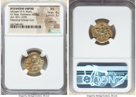 Michael VII Ducas (AD 1071-1078), with Maria. EL tetarteron nomisma (19mm, 4.05 gm, 6h). NGC AU 4/5 - 3/5, scratches. Constantinople. +ΘKE-POHΘЄI+, ni...