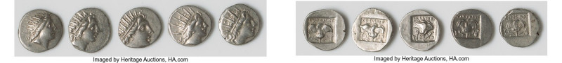 ANCIENT LOTS. Greek. Carian Islands. Rhodes. Ca. 88-84 BC. Lot of five (5) AR dr...