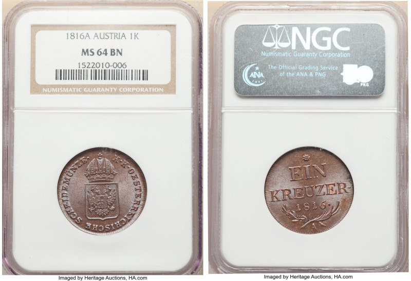 Pair of Certified Assorted Issues, 1) Franz II (I) Kreuzer 1816-A - MS64 Brown N...