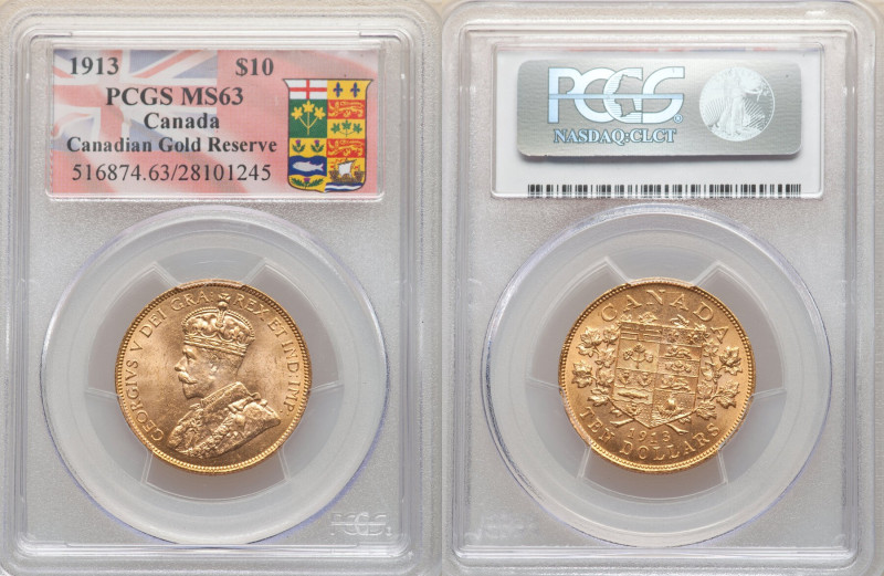 George V gold 10 Dollars 1913 MS63 PCGS, Ottawa mint, KM27. Canadian gold reserv...