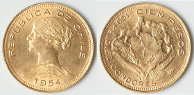 Republic gold 100 Pesos 1954-So UNC (Cleaned), Santiago mint, KM175. AGW 0.5885 oz. 31.0mm. 20.33gm. 

HID09801242017

© 2022 Heritage Auctions | All ...
