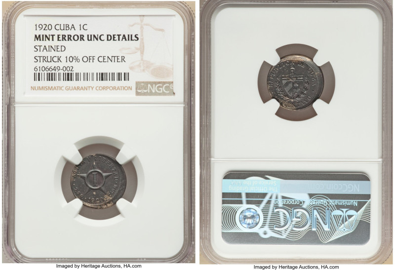 Republic Mint Error - Struck 10% off Center Centavo 1920 UNC Details (Stained) N...