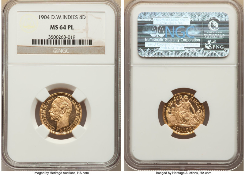 Danish Colony. Christian IX gold Prooflike 4 Daler (20 Francs) 1904-(h) MS64 PL ...