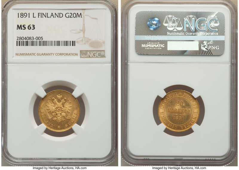 Russian Duchy. Alexander III gold 20 Markkaa 1891-L MS63 NGC, Helsinki mint, KM9...