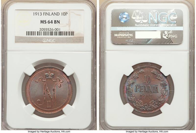 Russian Duchy. Nicholas II 10 Pennia 1913 MS64 Brown NGC, Helsinki mint, KM14. C...