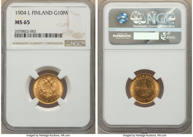 Russian Duchy. Nicholas II gold 10 Markkaa 1904-L MS65 NGC, Helsinki mint, KM8.2...