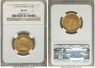 Louis XV gold Louis d'Or 1726-(9) AU55 NGC, Rennes mint,m KM489.26, Dup-1640. First year of type. Dressed in a reflective butterscotch golden color. 
...