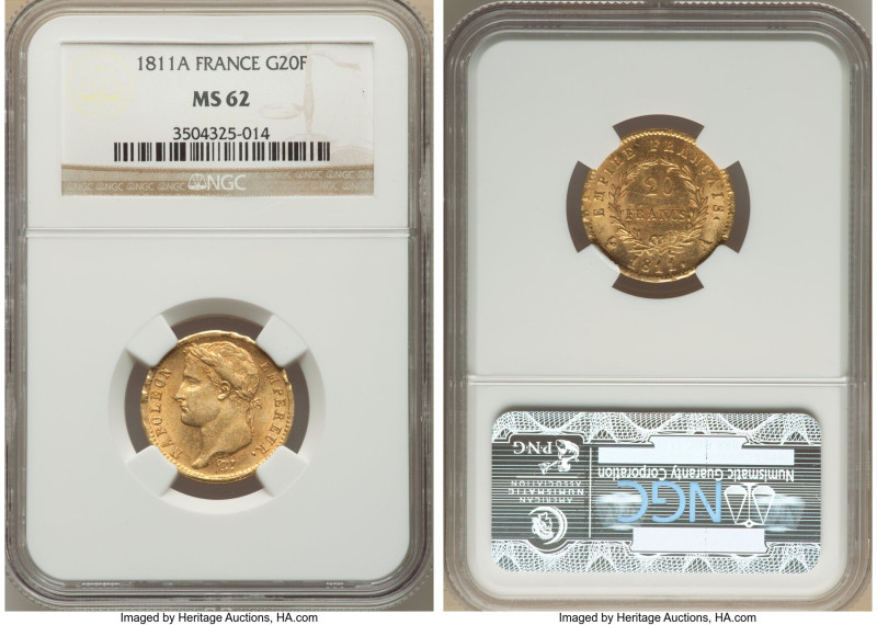 Napoleon gold 20 Francs 1811-A MS62 NGC, Paris mint, KM695.1. 

HID09801242017

...