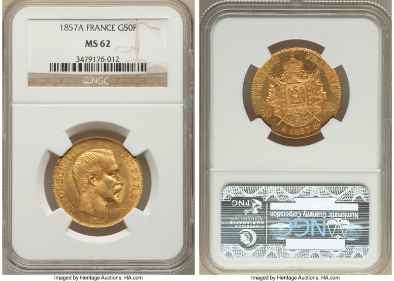 Napoleon III gold 50 Francs 1857-A MS62 NGC, Paris mint, KM785.1, Fr-547. Velvet...