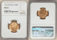 Republic gold "Bazor" 100 Francs 1935 MS63 NGC, Paris mint, KM880. Deco style and highly popular, watery fields and rose colored shade of gold. 

HID0...