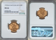 Confederation gold 20 Francs 1935-LB MS66 NGC, Bern mint, KM35.1. Rose-gold satin surfaces with muted luster. AGW 0.1867 oz. 

HID09801242017

© 2022 ...