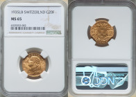 Confederation gold 20 Francs 1935-LB MS65 NGC, Bern mint, KM35.1. Decorated with fully aurous and lightly patinated rose toning. 

HID09801242017

© 2...