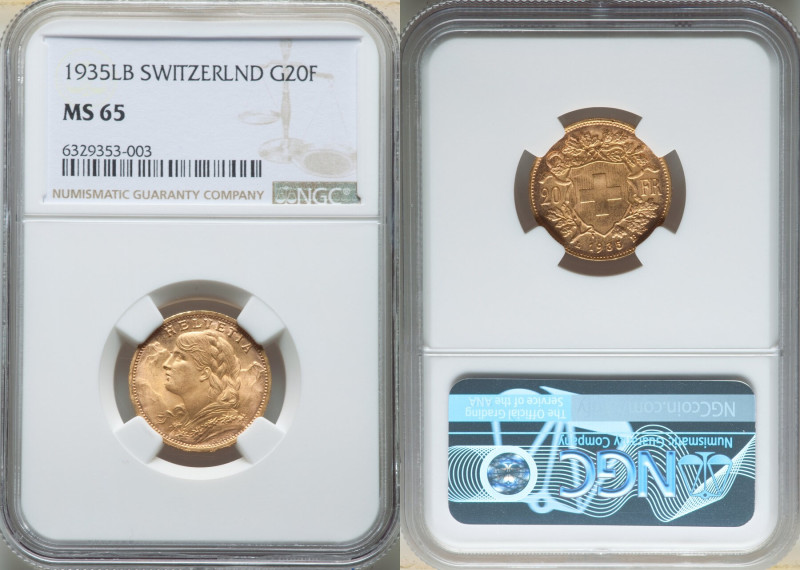 Confederation gold 20 Francs 1935-LB MS65 NGC, Bern mint, KM35.1. Featuring an a...