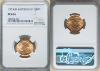 Confederation gold 20 Francs 1935-LB MS64 NGC, Bern mint, KM35.1. AGW 0.1867 oz. 

HID09801242017

© 2022 Heritage Auctions | All Rights Reserved