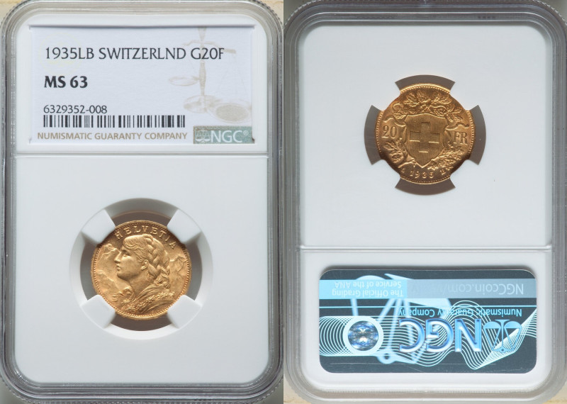 Confederation gold 20 Francs 1935-LB MS63 NGC, Bern mint, KM35.1. Free from dist...