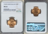 Confederation gold 20 Francs 1947-B MS65 NGC, Bern mint, KM35.2. Two year type. AGW 0.1867 oz. 

HID09801242017

© 2022 Heritage Auctions | All Rights...