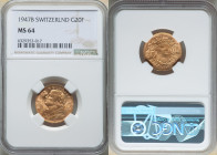Confederation gold 20 Francs 1947-B MS64 NGC, Bern mint, KM35.2. AGW 0.1867 oz. 

HID09801242017

© 2022 Heritage Auctions | All Rights Reserved