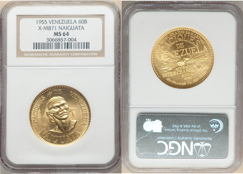 Republic gold Medallic 60 Bolivares 1955 MS64 NGC, KMX-MB71. From the Medallic C...