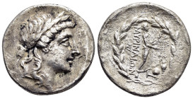 AEOLIS. Myrina.(Circa 155-145 BC).Tetradrachm.

Obv : Laureate head of Apollo right.

Rev : MYPINAIΩN.
Apollo Grynios standing right, holding bra...