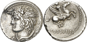 (hacia 74 a.C.). Gens Cossutia. Denario. (Bab. 1) (Craw. 395/1). Limadura en borde. 3,80 g. (MBC+).