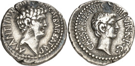 (41 a.C.). Marco Antonio y Octavio. Denario. (Spink 1504) (S. 8) (Craw. 517/2). Grieta. Muy escasa. 3,86 g. (MBC+).