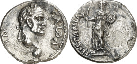 (68 d.C.). Galba. Tarraco. Denario. (Spink falta) (S. 80) (RIC. 21) (ACIP. 4180). Rayas por limpieza descuidada. Muy rara. 3,23 g. (MBC+).