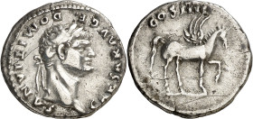 (76-77 d.C.). Domiciano. Denario. (Spink 2637) (S. 47) (RIC. 921, de Vespasiano). Grieta. 2,97 g. (MBC+).