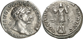 (107 d.C.). Trajano. Denario. (Spink 3132) (S. 100) (RIC. 147b). 3,54 g. MBC+.
