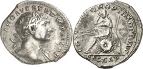 (108 d.C.). Trajano. Denario. (Spink 3136 var) (S. 120c) (RIC. 98). 3,30 g. MBC+.