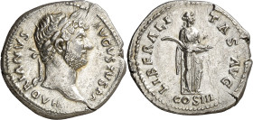 (128-129 d.C.). Adriano. Denario. (Spink 3505) (S. 917) (RIC. 959). 3,06 g. EBC-.