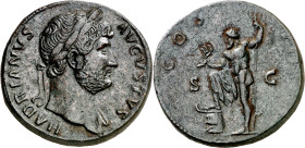 (125-127 d.C.). Adriano. Sestercio. (Spink 3584) (Co. 312) (RIC. 811). 24,76 g. EBC-.