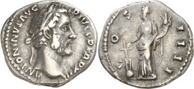 (148-149 d.C.). Antonino pío. Denario. (Spink 4071 var) (S. 263) (RIC. 179). 3,42 g. MBC+.