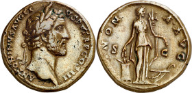(142 d.C.). Antonino pío. Sestercio. (Spink 4147) (Co. 37) (RIC. 597). 29 g. MBC+.