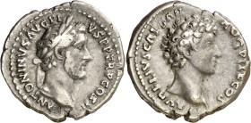 (141 d.C.). Antonino pío y Marco Aurelio. Denario. (Spink 4524) (S. 15) (RIC. 417a). 3,59 g. MBC.