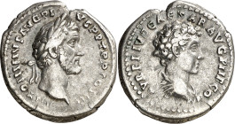 (141 d.C.). Antonino pío y Marco Aurelio. Denario. (Spink 4524 var) (S. 22a) (RIC. 417b). Escasa. 3,25 g. MBC+.